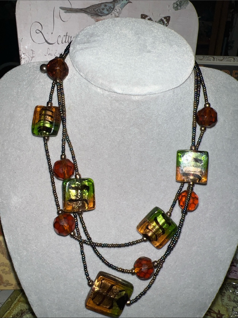 Multicolor Glass Tile Layered Necklace - Green & Amber